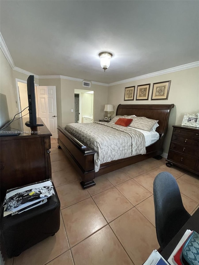 bedroom featuring light tile patterned floors and ornamental molding