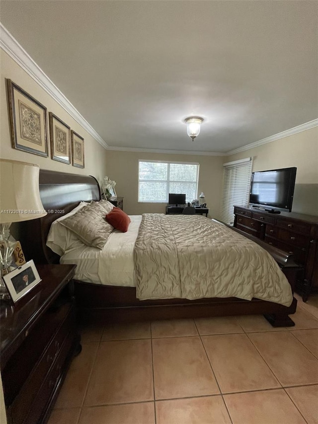 tiled bedroom featuring ornamental molding