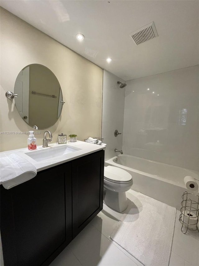 full bathroom with shower / bathing tub combination, vanity, toilet, and tile patterned flooring