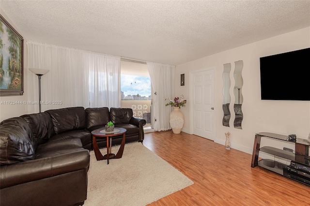 living room with hardwood / wood-style floors and a textured ceiling