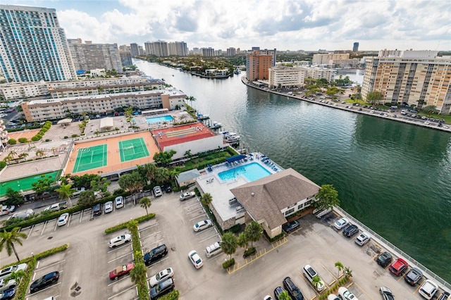 drone / aerial view featuring a water view