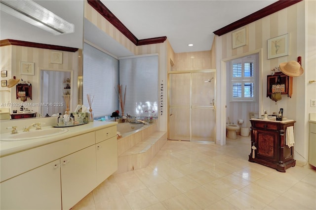 full bathroom with tile patterned flooring, vanity, a bidet, and independent shower and bath