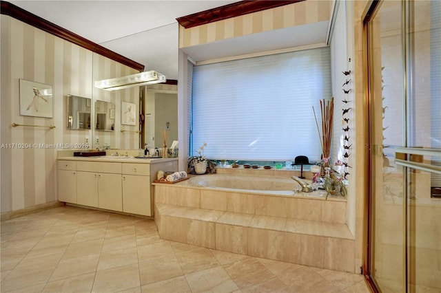 bathroom featuring tile patterned flooring, vanity, separate shower and tub, and crown molding