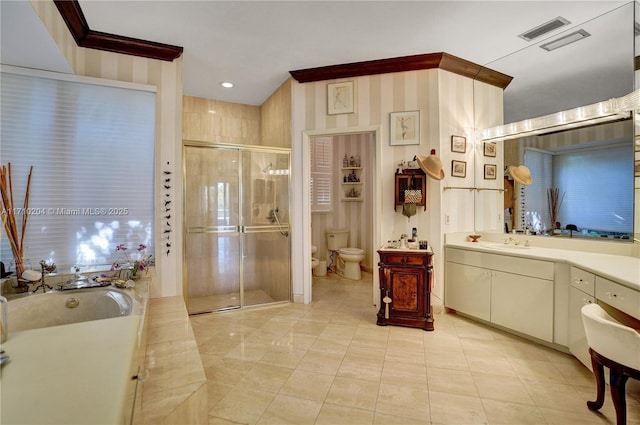 full bathroom with vanity, a bidet, crown molding, toilet, and shower with separate bathtub