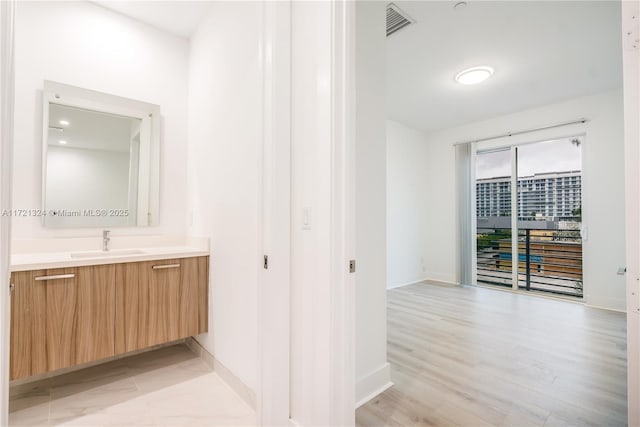 bathroom featuring hardwood / wood-style floors and vanity