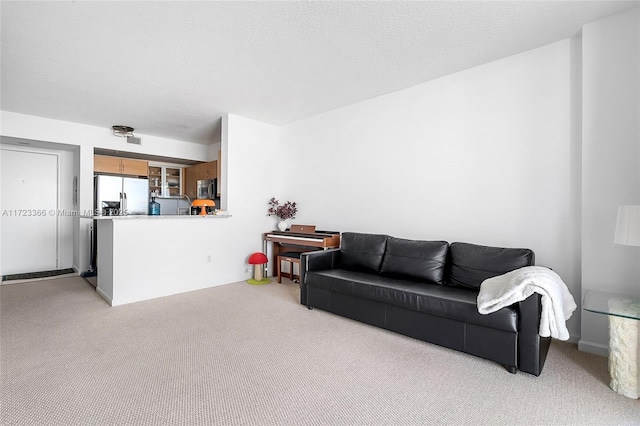 carpeted living room featuring a textured ceiling