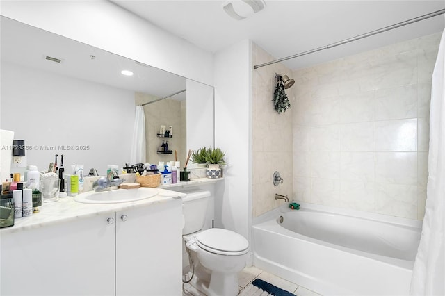 full bathroom with tile patterned floors, vanity, shower / bath combination with curtain, and toilet