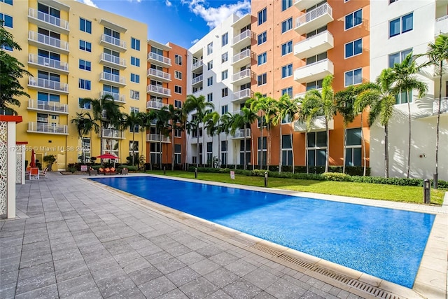 view of swimming pool with a lawn