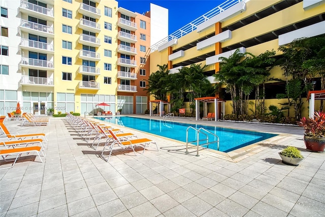 view of pool featuring a patio