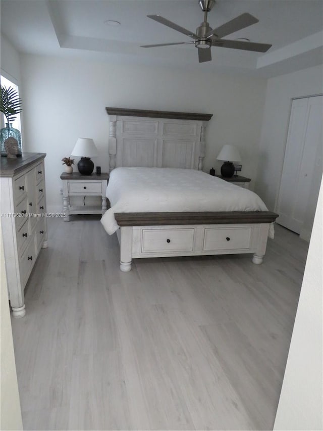 bedroom with a raised ceiling, ceiling fan, and light hardwood / wood-style flooring