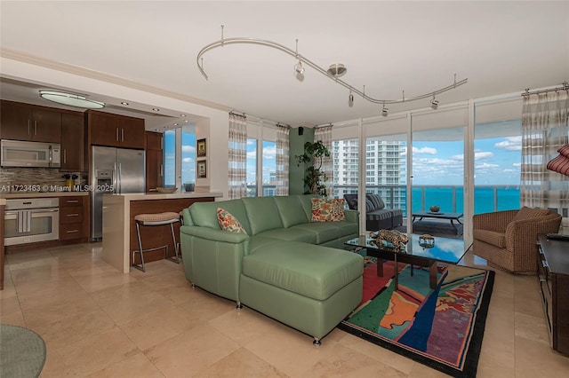 tiled living room featuring rail lighting and a water view