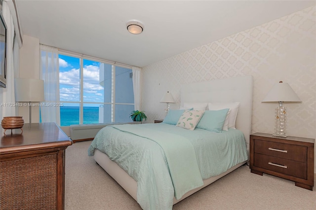 carpeted bedroom featuring a water view