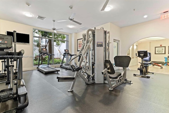 gym featuring expansive windows and ceiling fan