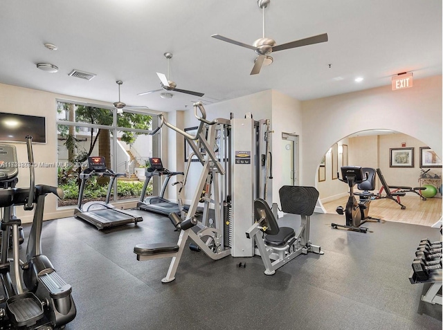 workout area with ceiling fan and a wall of windows