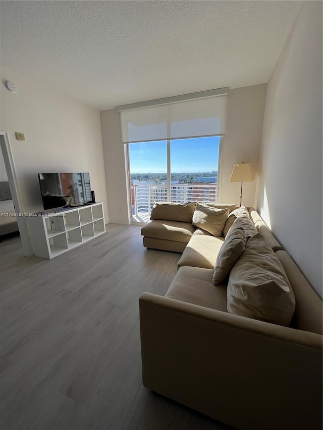 living room with hardwood / wood-style flooring, expansive windows, and a textured ceiling