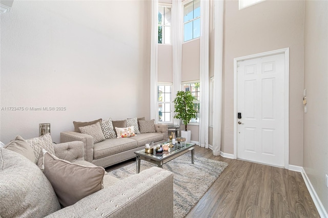 living room featuring a high ceiling, wood-type flooring, and a wealth of natural light