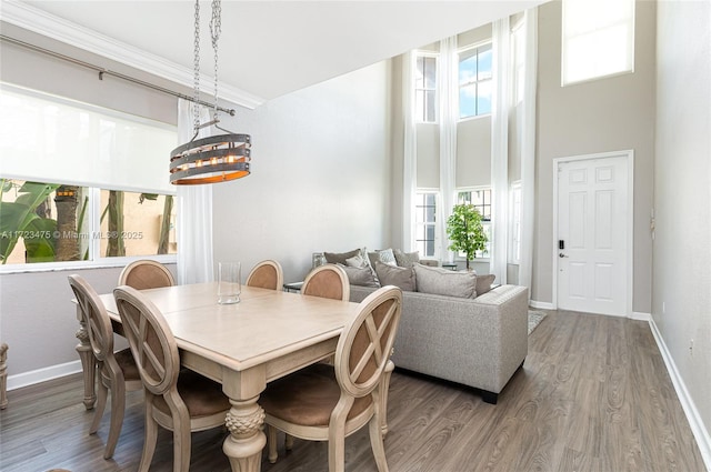 dining room with an inviting chandelier, a towering ceiling, and wood-type flooring