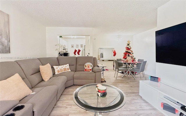 living room featuring a textured ceiling and light hardwood / wood-style flooring