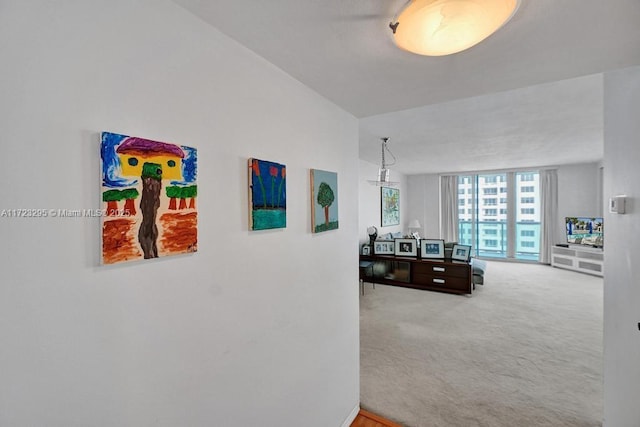 hall featuring carpet flooring and vaulted ceiling