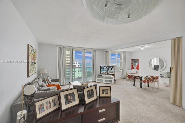 living room featuring light colored carpet