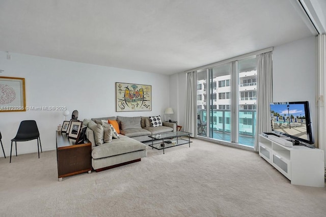 living room with a wall of windows and light carpet