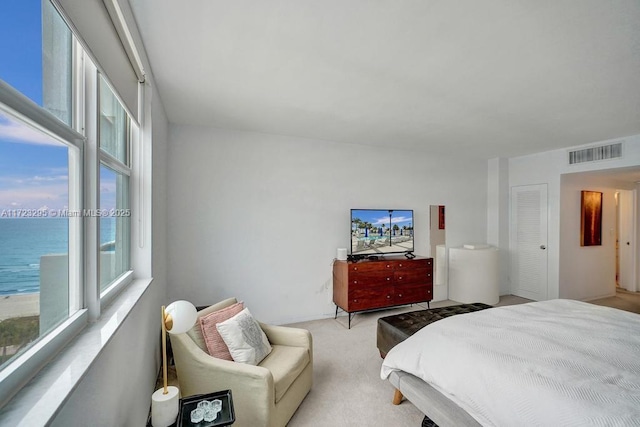 carpeted bedroom featuring a water view