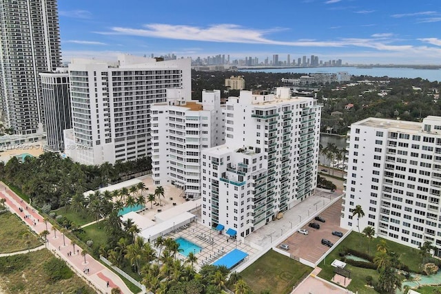 aerial view featuring a water view