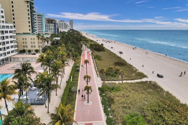 bird's eye view with a view of the beach and a water view