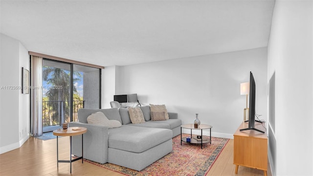 living room featuring a wall of windows, baseboards, and wood-type flooring