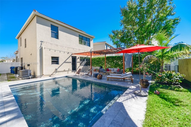 view of pool featuring an outdoor hangout area, fence, a fenced in pool, a pergola, and a patio area