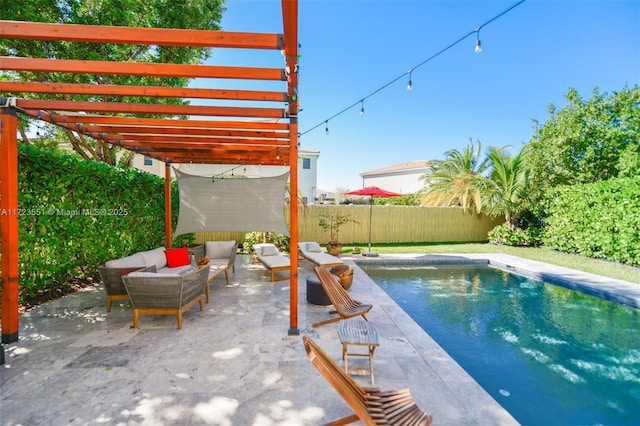 view of swimming pool with a fenced in pool, a fenced backyard, an outdoor hangout area, a patio area, and a pergola