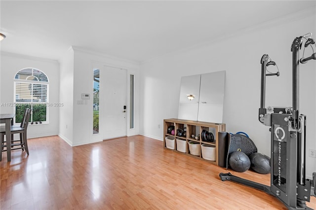 entrance foyer featuring hardwood / wood-style flooring and ornamental molding