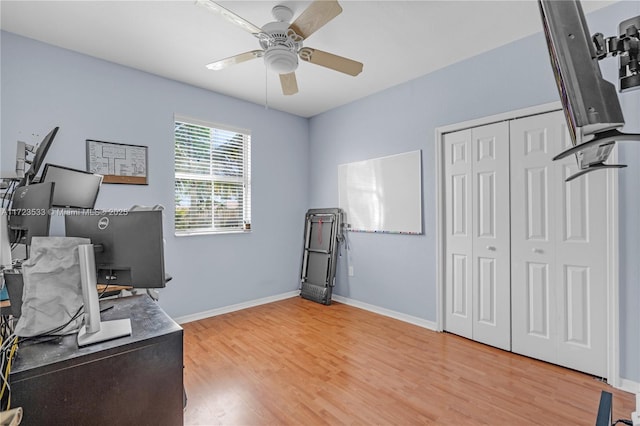 office space featuring ceiling fan and wood-type flooring