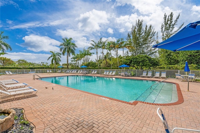 view of swimming pool with a patio area