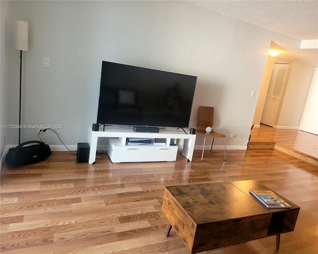 living room with a textured ceiling and light hardwood / wood-style floors