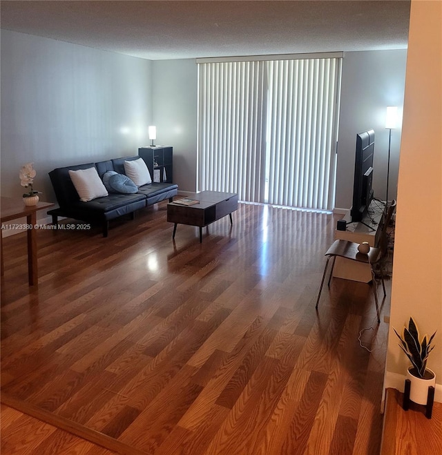 living room featuring hardwood / wood-style flooring and a textured ceiling