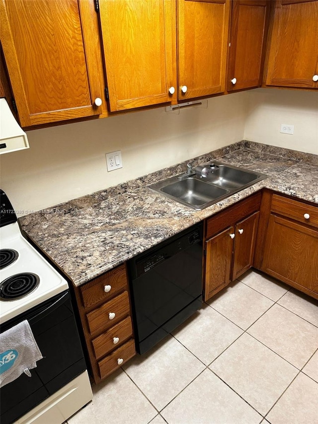 kitchen with dark stone counters, white electric range, sink, light tile patterned floors, and black dishwasher