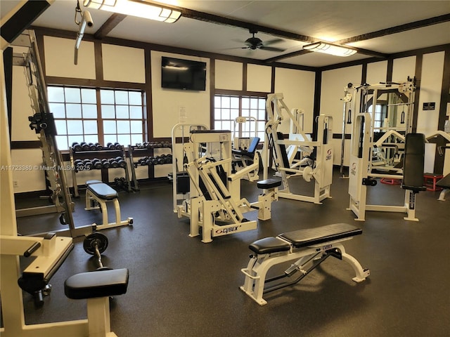 workout area featuring ceiling fan