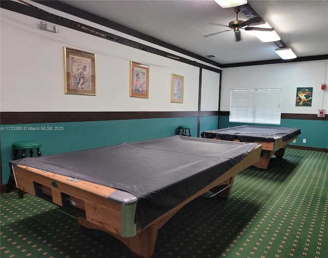 playroom featuring carpet flooring, ceiling fan, ornamental molding, and billiards