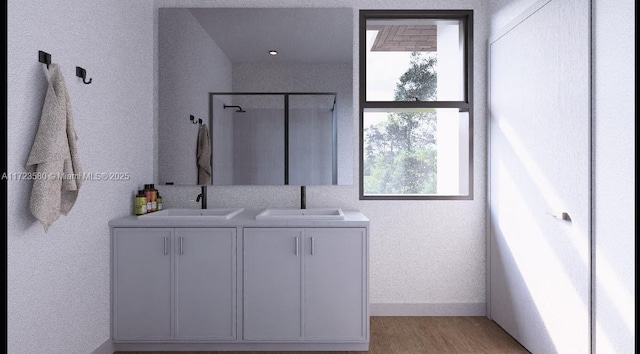 bathroom with vanity and hardwood / wood-style floors