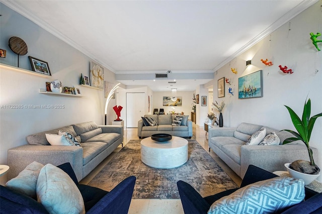 living room with ornamental molding