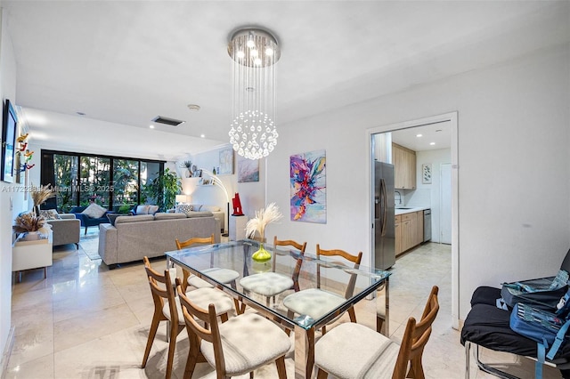 tiled dining space with floor to ceiling windows and a notable chandelier