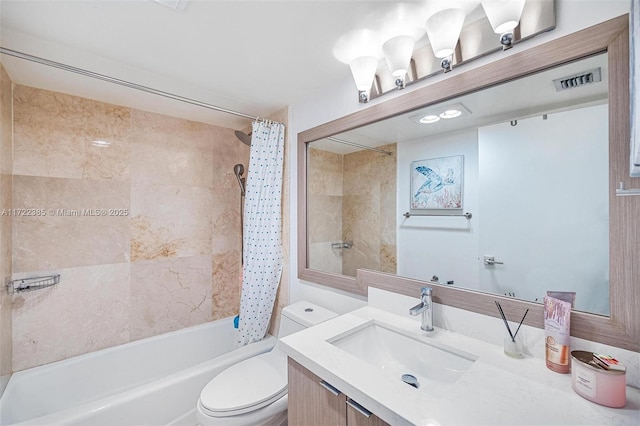 full bathroom with shower / bathtub combination with curtain, vanity, and toilet