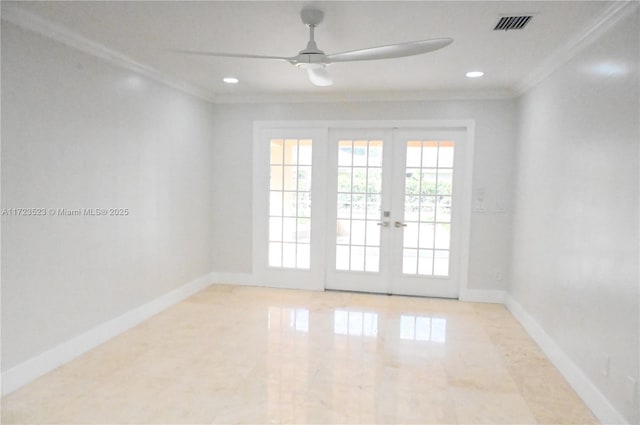 spare room with french doors, ceiling fan, and crown molding