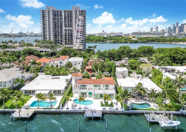 drone / aerial view with a water view