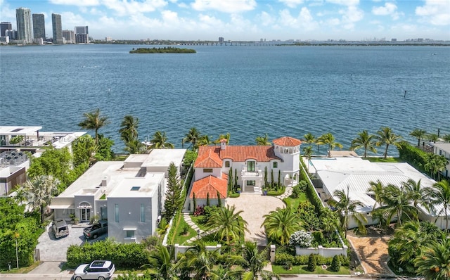 aerial view featuring a water view