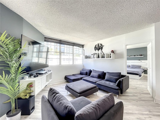 living room featuring light hardwood / wood-style floors and a textured ceiling