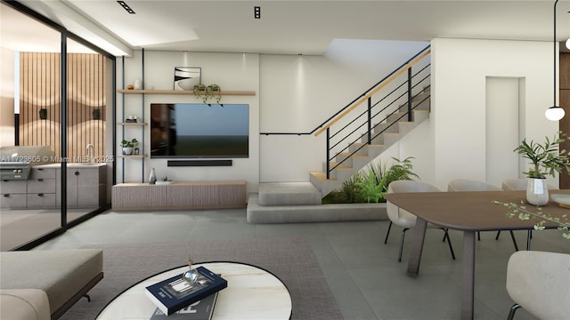 living room with floor to ceiling windows