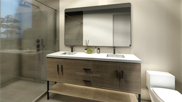 bathroom with vanity, an enclosed shower, and toilet