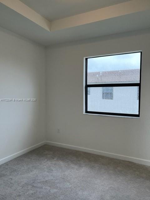 carpeted empty room featuring a tray ceiling